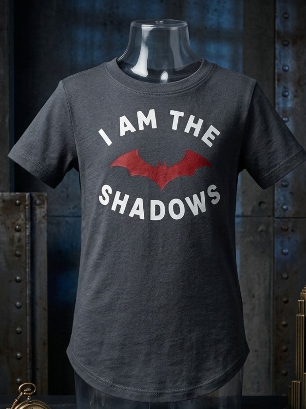 DC Kids Short Sleeve Tee in Dark Gray with Red Bat Graphic